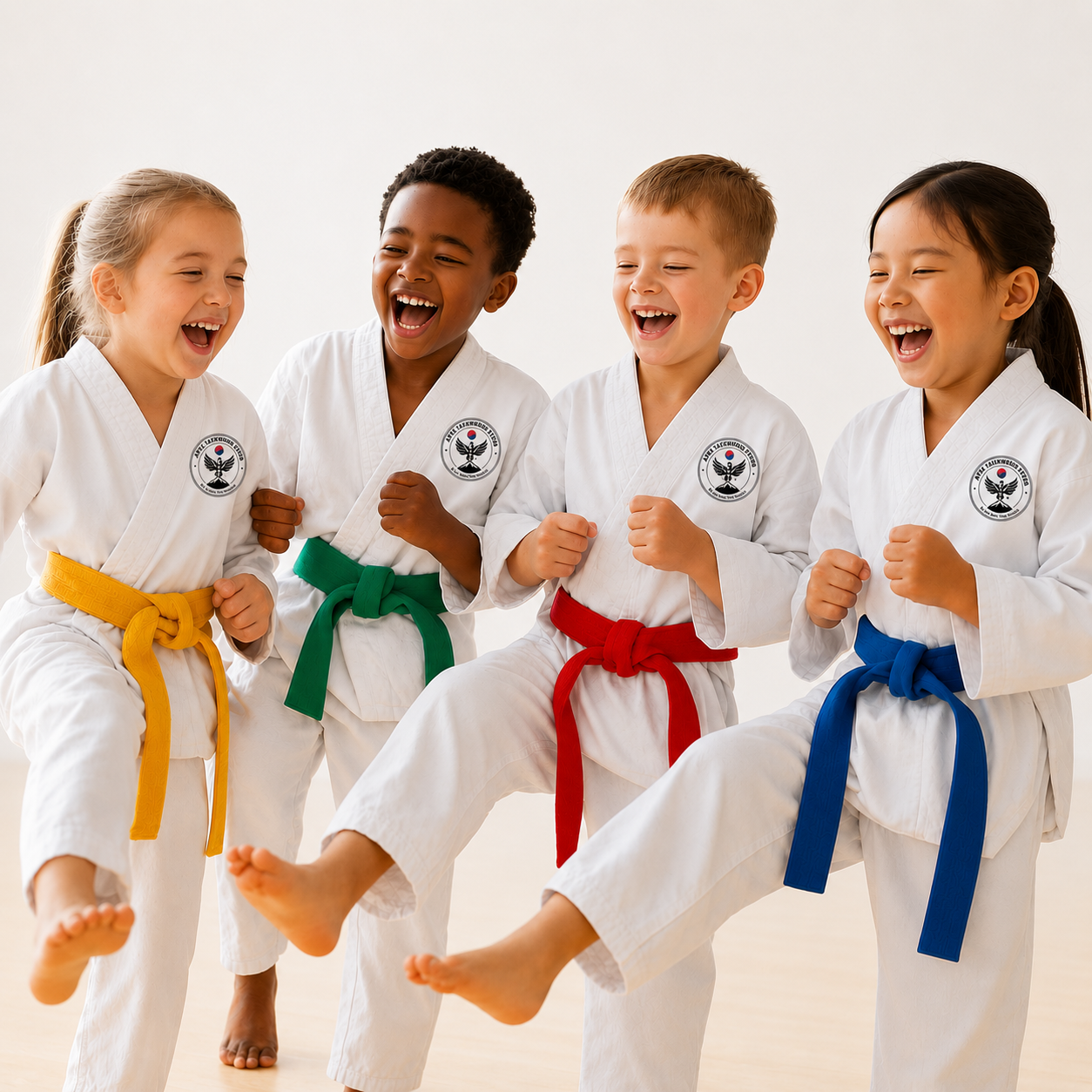 Young Apex students in colored belts laughing while practicing kicks